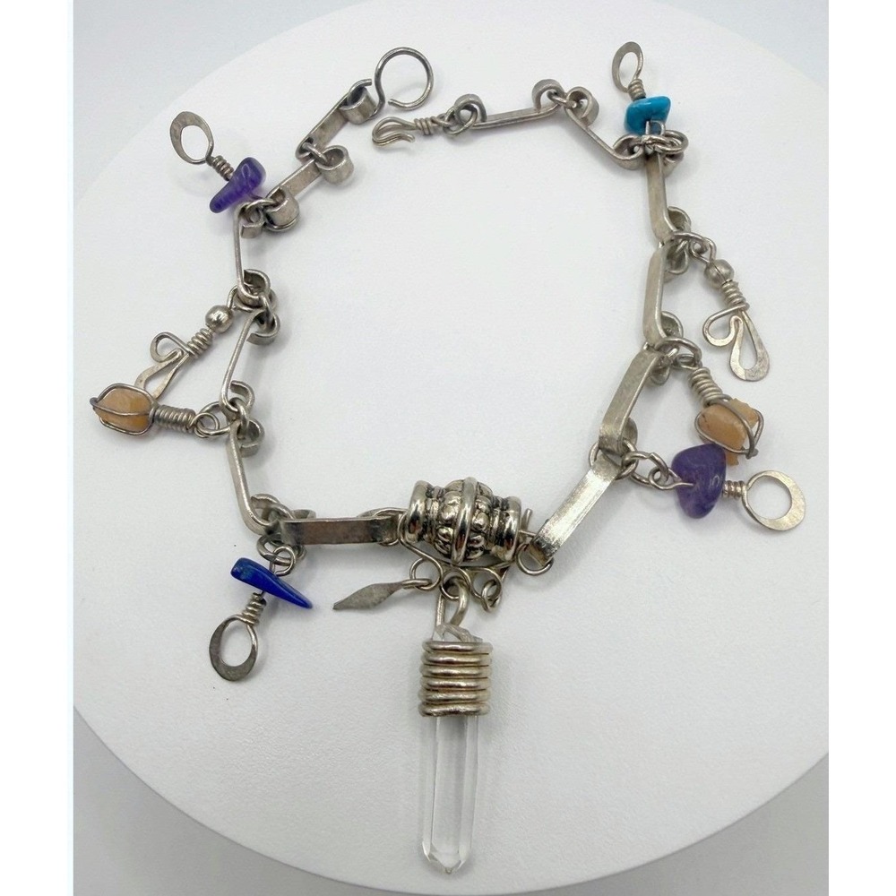 Silver Tone Artisan‎ Charm Bracelet Wire Wrapped Stones Quartz Point 8.5"
